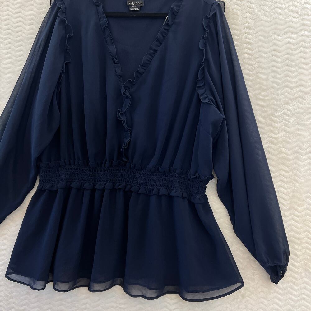 City Chic Blue Peplum Flowy Sheer Long Sleeve V Neck Blouse Top Womens Sz XXL 24 - Picture 5 of 11